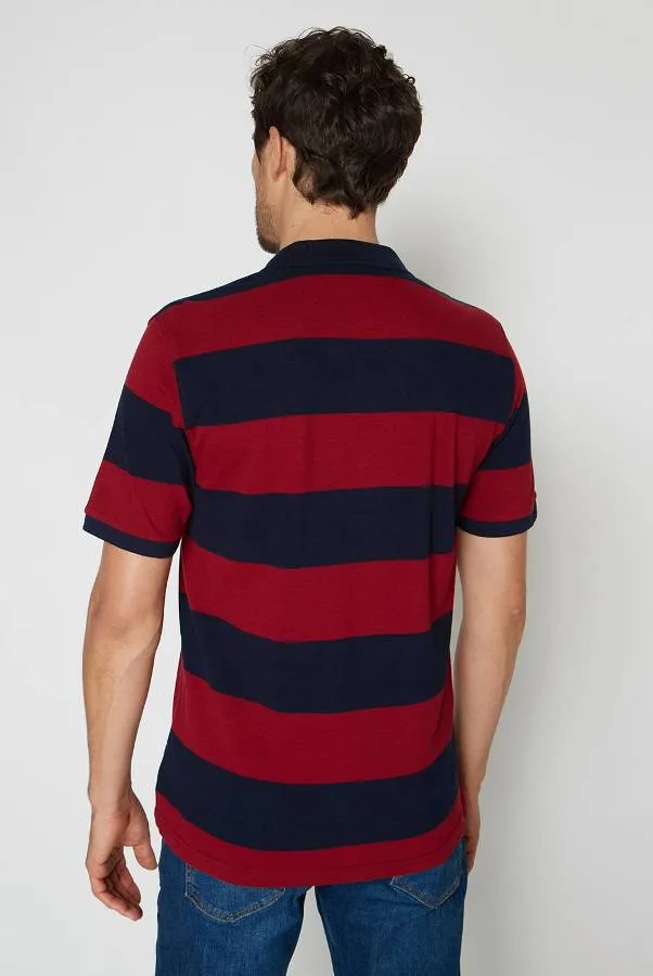 Men Polo T-Shirt Short Sleeve Cotton Yarn Dye Stripes Pique with Embroidery